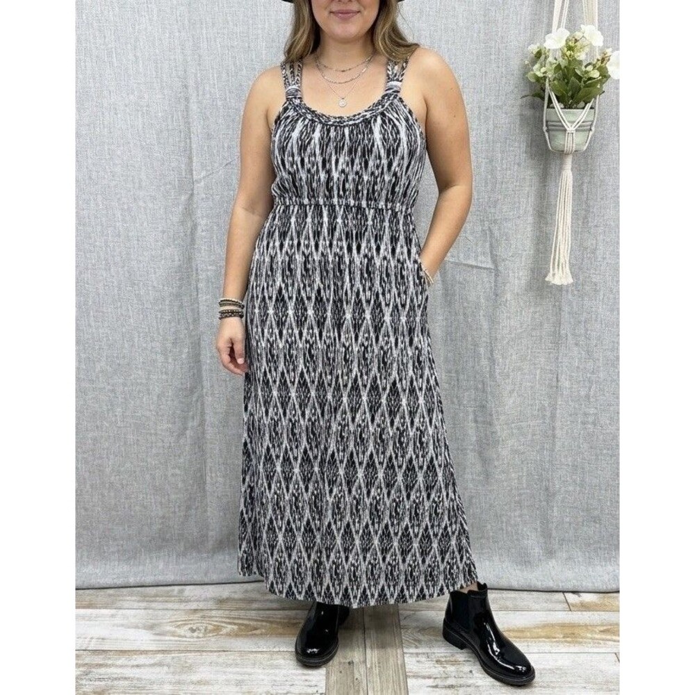 faded Glory Maxi Dress Sleeveless Ikat black white halter neckline cruise sz XXL - Picture 2 of 8